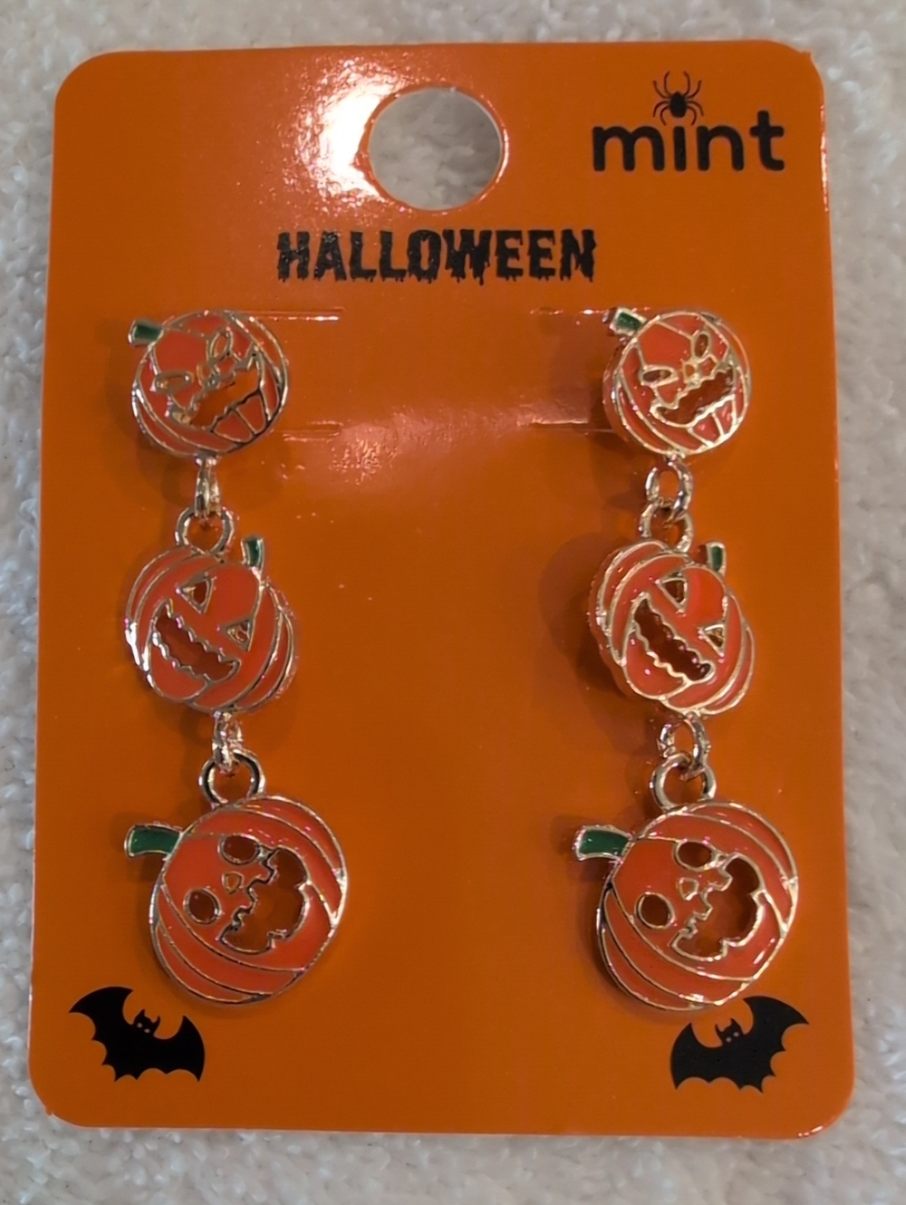 Mint Orange Pumpkin Triple Drop Earrings with Green Accents